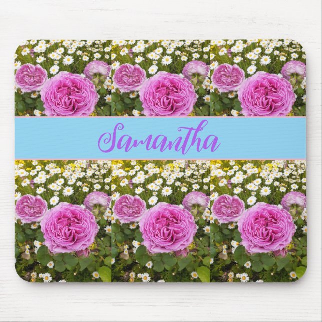 Alfombrilla De Ratón Bellas rosas rosas y margaritas, ratón floral (Frente)