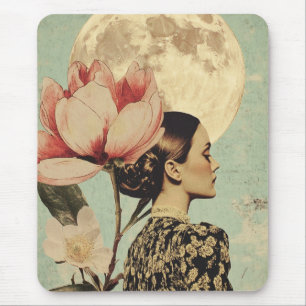 Alfombrilla De Ratón Belleza iluminada por la luna - Mujer con flores r