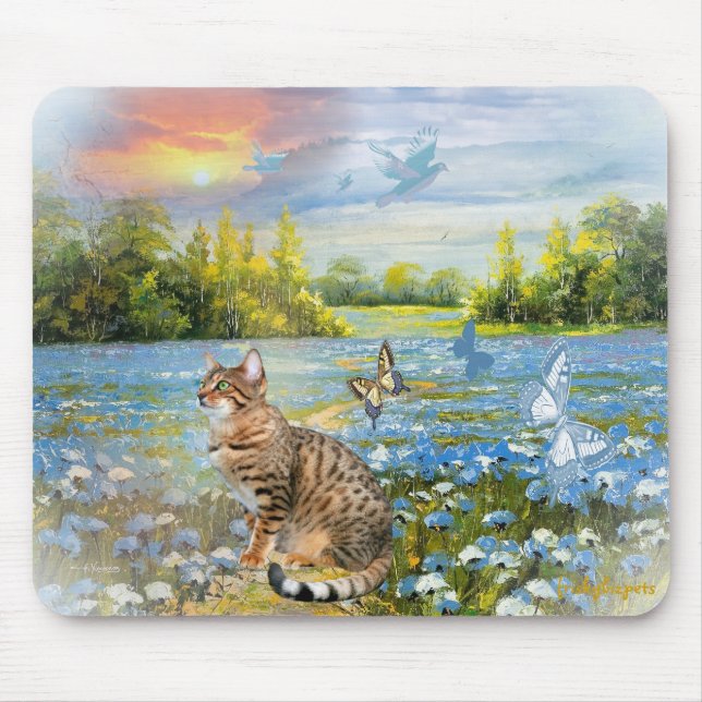 Alfombrilla De Ratón Bengala en cama de flores azules Mousepad (Frente)