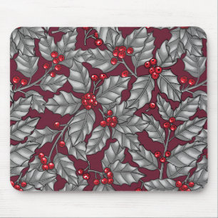 Alfombrilla De Ratón Berry holly, hojas grises en rojo oscuro