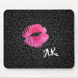 Alfombrilla De Ratón Beso Lipgloss Rosado Caliente Leopardo Negro Con M