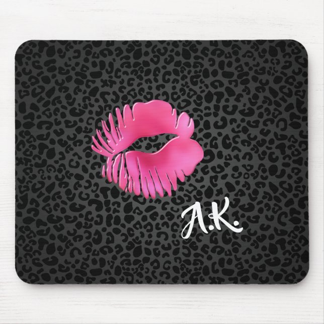 Alfombrilla De Ratón Beso Lipgloss Rosado Caliente Leopardo Negro Con M (Frente)