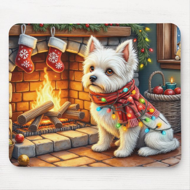 Alfombrilla De Ratón Bichon Frise Fireplace with Christmas Lights (Frente)