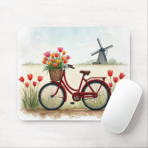 Alfombrilla De Ratón Bicicleta Roja Con Tulipanes Holandeses
