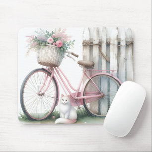 Alfombrilla De Ratón Bicicleta rosa y gato blanco