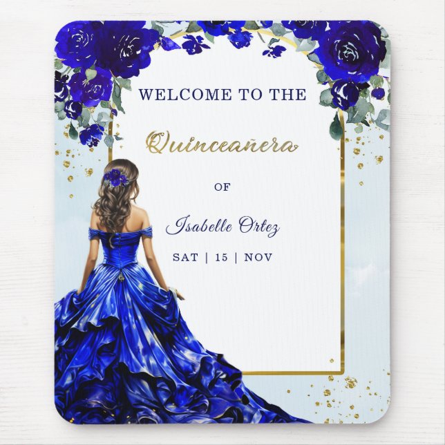 Alfombrilla De Ratón Bienvenidos a Quinceañera Azul Real y Oro (Frente)