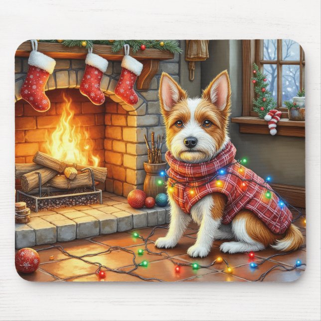 Alfombrilla De Ratón Biewer Terrier Chimenea con Luces de Navidad (Frente)