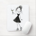 Alfombrilla De Ratón Birthday Stick Figure Girl with Martini<br><div class="desc">A cute stick-figure girl wearing a black cocktail dress and sneakers holds a martini on a white background.</div>