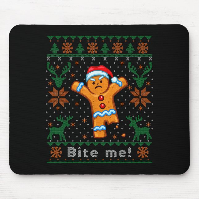 Alfombrilla De Ratón Bite Me Gingerbread Man - Funny Ugly Christmas Swe (Frente)
