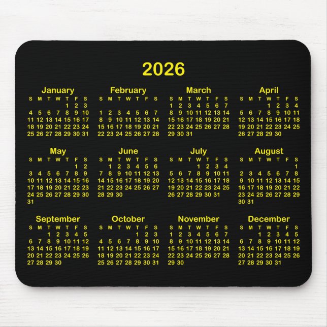 Alfombrilla De Ratón Black and Bright Yellow 2026 Calendar (Frente)