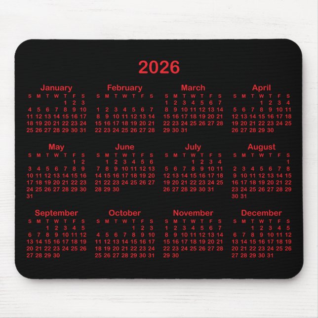 Alfombrilla De Ratón Black and Red 2026 Calendar (Frente)