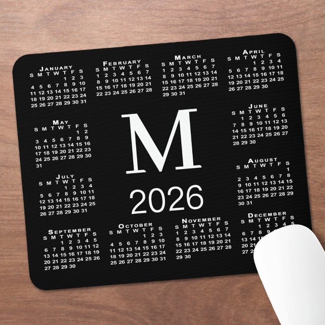 Alfombrilla De Ratón Black and White Monogram 2026 Calendar (Black and White Monogram 2026 Calendar Mouse Pad, in situ)