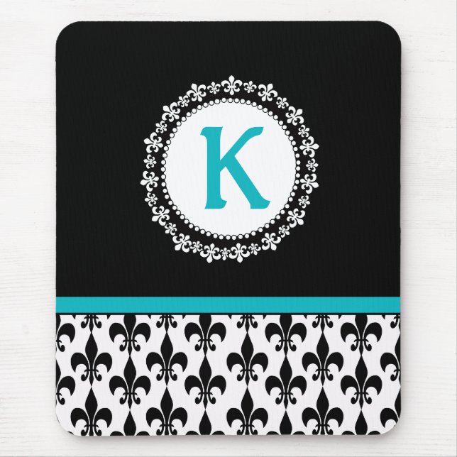 Alfombrilla De Ratón Black Aqua Monogram Fleur de Lis Mousepad (Frente)