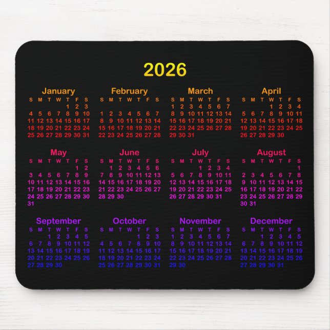 Alfombrilla De Ratón Black Bright Rainbow Gradient 2026 Calendar (Frente)