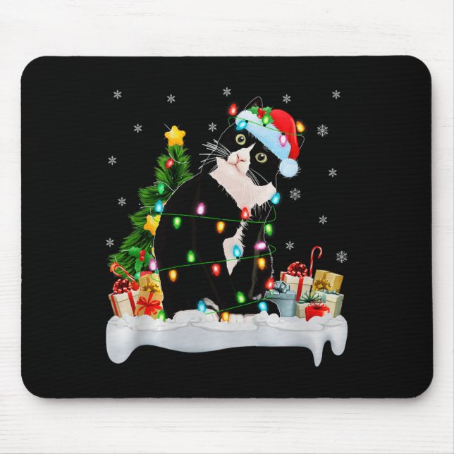 Alfombrilla De Ratón Black Cat Christmas Lights Santa Hat Black Cat Lov (Frente)