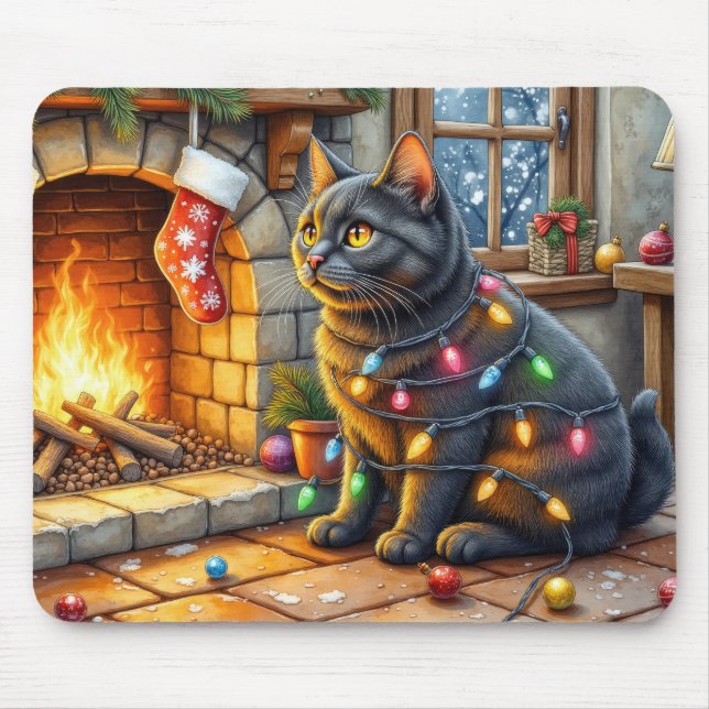 Alfombrilla De Ratón Black Cat Sitting Fireplace with Christmas Lights (Frente)