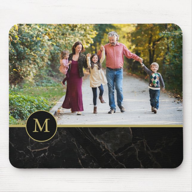 Alfombrilla De Ratón Black Marble Tan Monogram Family Photo (Frente)