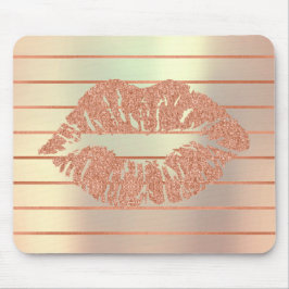Alfombrilla De Ratón Black Rose Gold Metallic Copper Stripes Lips Kiss
