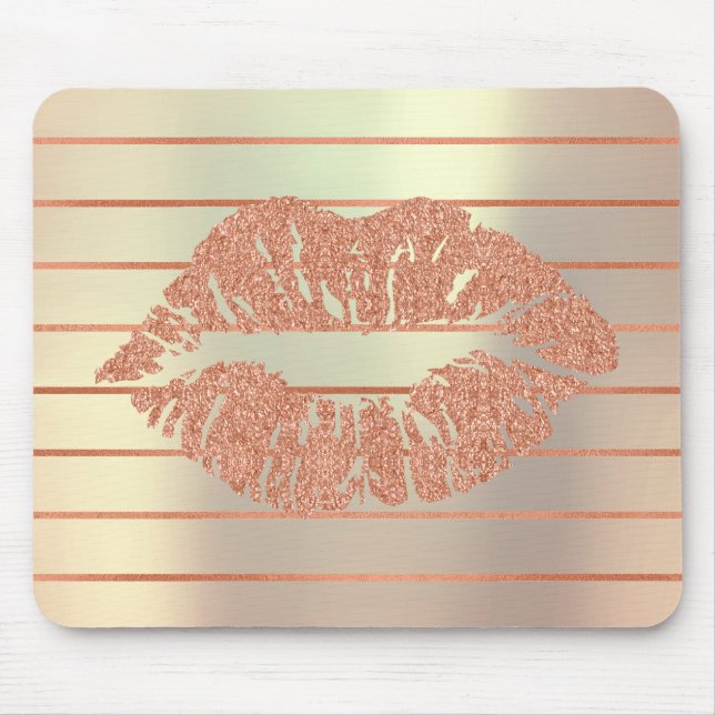 Alfombrilla De Ratón Black Rose Gold Metallic Copper Stripes Lips Kiss (Frente)