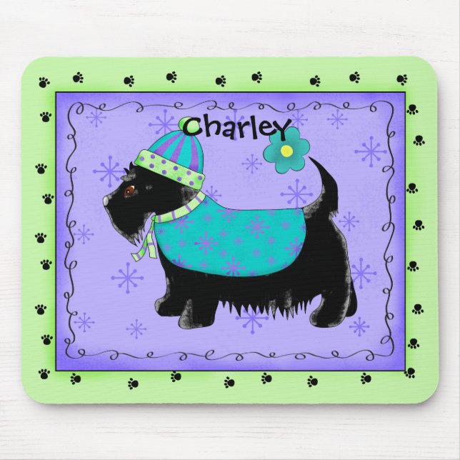 Alfombrilla De Ratón Black Scottie Terrier Dog Name Personalized Green (Frente)