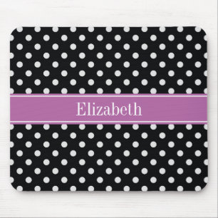 Alfombrilla De Ratón Black White Polka Dots Orquid Purple Name Monogram