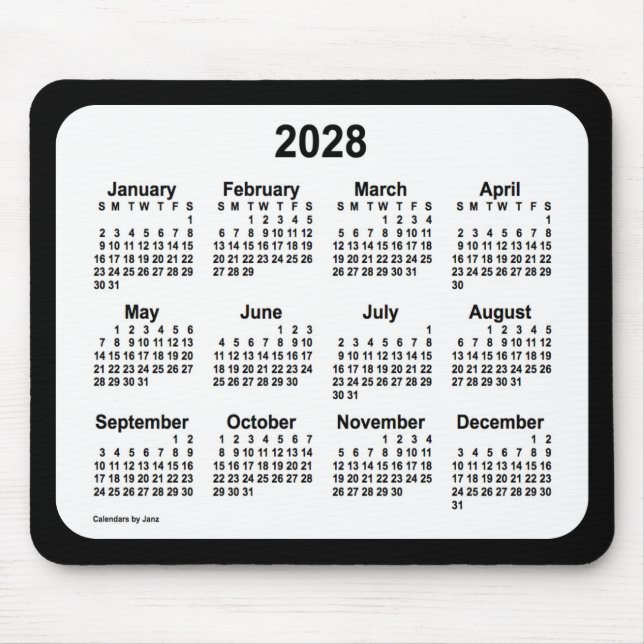 Alfombrilla De Ratón Blanco en el calendario negro 2028 de Janz Two Ton (Frente)