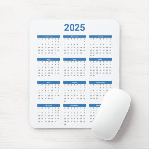 Alfombrilla De Ratón Bliue y White 2025 Year en un vistazo a calendario