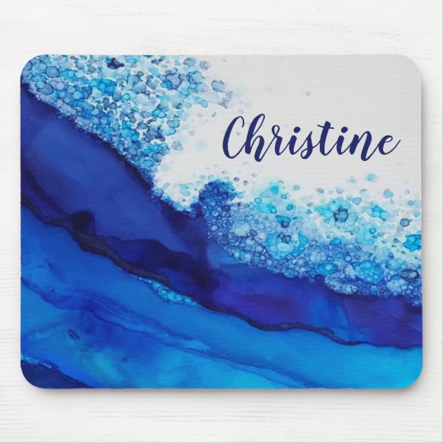 Alfombrilla De Ratón Blue Alcohol Ink Modern Simple Elegant Name (Frente)