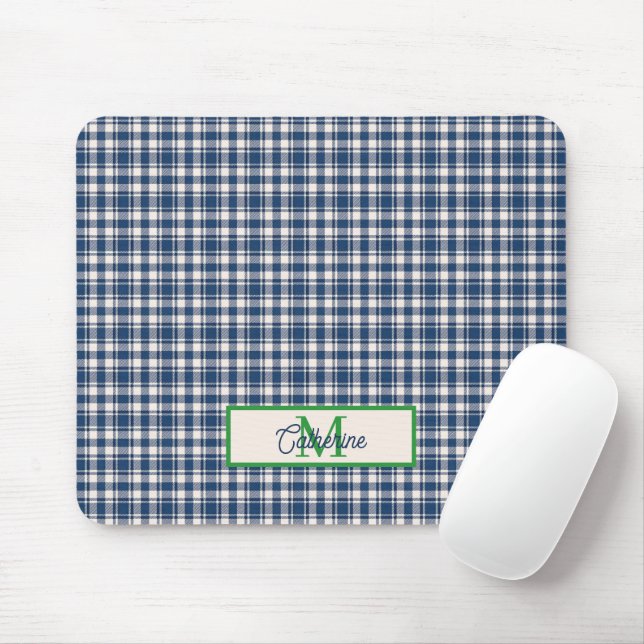 Alfombrilla De Ratón Blue and Green Gingham Plaid Tartan Monogram (Con ratón)