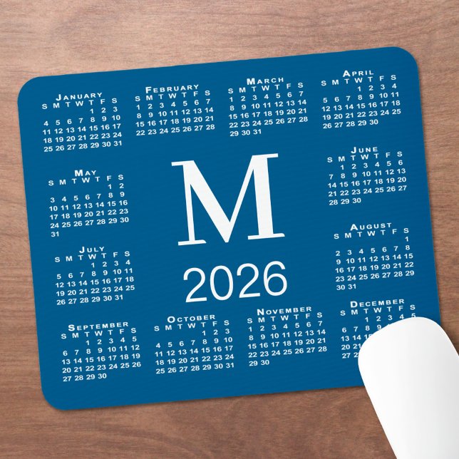 Alfombrilla De Ratón Blue and White Monogram 2026 Calendar (Blue and White Monogram 2026 Calendar Mouse Pad, in situ)