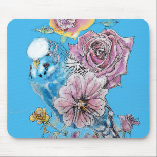Alfombrilla De Ratón Blue Budgie Budgerigar Rosa acuarela Floral arte