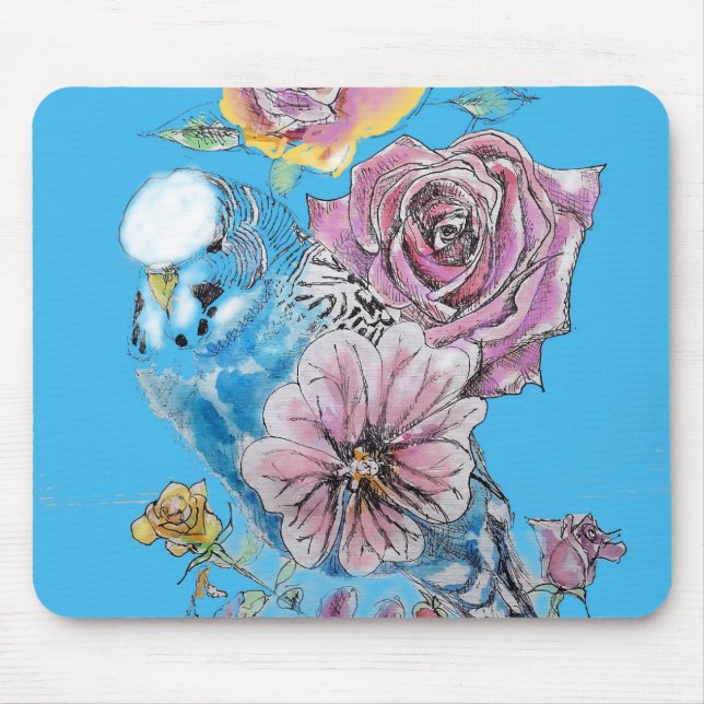 Alfombrilla De Ratón Blue Budgie Budgerigar Rosa acuarela Floral arte (Frente)