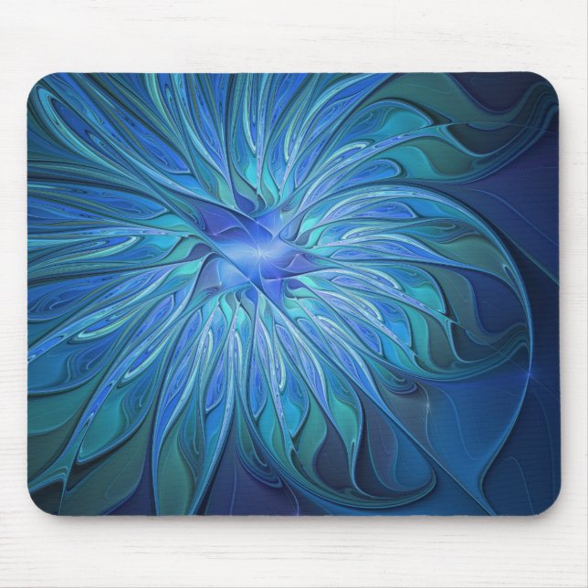 Alfombrilla De Ratón Blue Flower Fantasy Pattern, Abstract Fractal Art (Frente)