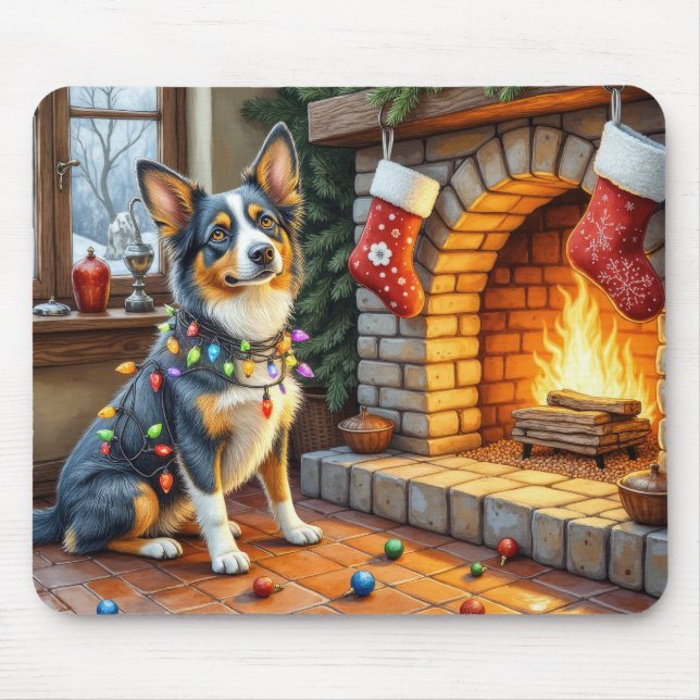 Alfombrilla De Ratón Blue Heeler Fireplace with Christmas Lights (Frente)