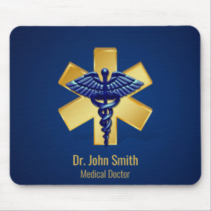 Alfombrilla De Ratón Blue Medical 3D Caduceus Gold Cross