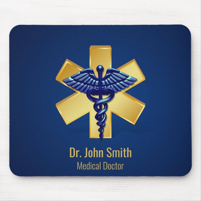 Alfombrilla De Ratón Blue Medical 3D Caduceus Gold Cross (Frente)