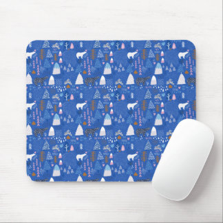 Alfombrilla De Ratón Blue Pink Snowy Happy Winter Forest Bear Bunny