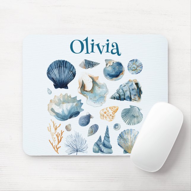 Alfombrilla De Ratón Blue Seashell Mouse Pad | Custom Name (Con ratón)