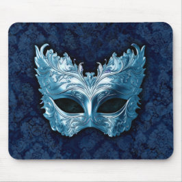 Alfombrilla De Ratón Blue Venetian Mask on Blue Damask Background