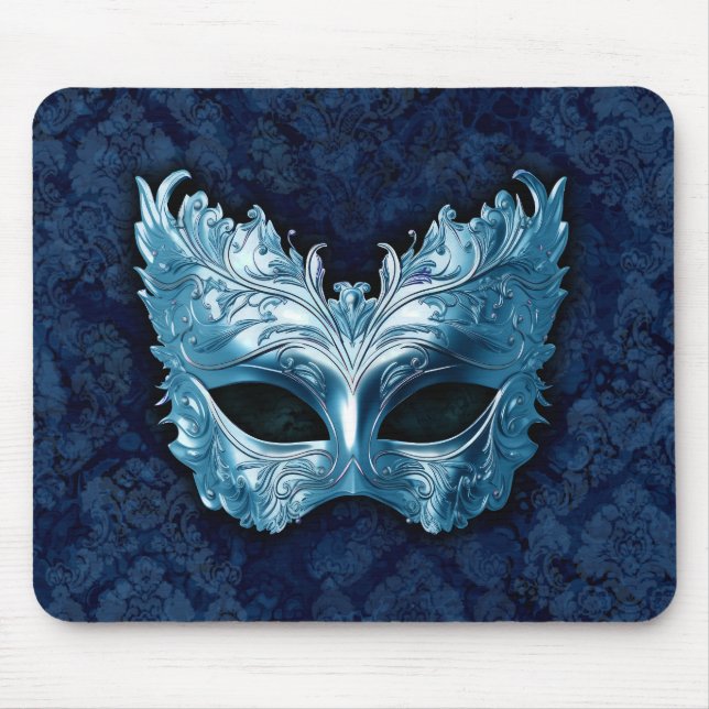 Alfombrilla De Ratón Blue Venetian Mask on Blue Damask Background (Frente)
