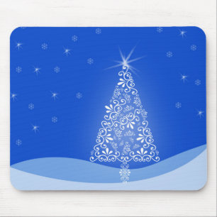 Alfombrilla De Ratón Blue White Merry Christmas Tree Stars Night Light