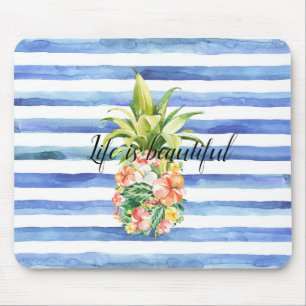 Alfombrilla De Ratón Blue White Stripes Tropical Floral Pineapple