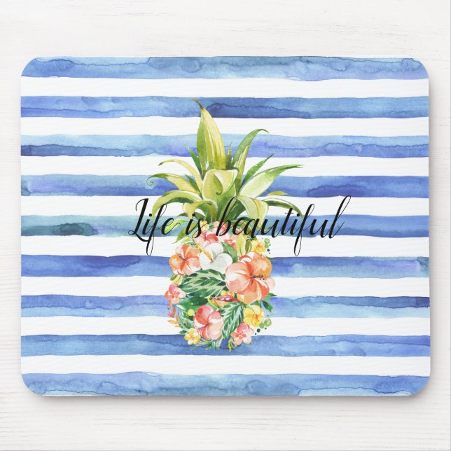 Alfombrilla De Ratón Blue White Stripes Tropical Floral Pineapple (Frente)