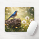 Alfombrilla De Ratón Bluebird Singing in Sunshine<br><div class="desc">A bluebird sits on a log amidst dandelions and shimmering musical notes,  with warm sunlight filtering through the scene</div>