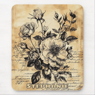 Alfombrilla De Ratón Boceto botánico de rosa sepia vintage con letra sc