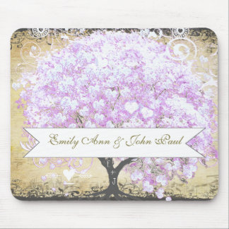 Alfombrilla De Ratón Boda de pájaro vintage del árbol de lavanda de hoj