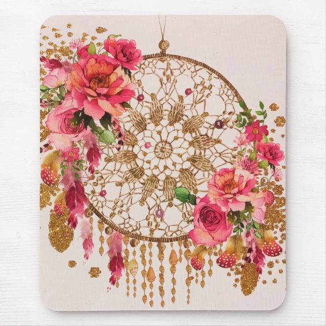 Alfombrilla De Ratón Boho Dreamcatcher Pink Gold Floral acuarela (Frente)