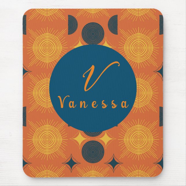 Alfombrilla De Ratón Boho Naranja Celestial de Sun Moon Monograma Scrip (Frente)