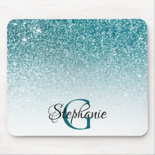 Alfombrilla De Ratón Bokeh Verde Acuario Brillo Blanco Ombre Monograma