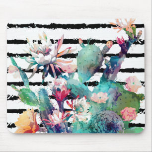 Alfombrilla De Ratón Bonito acuarela Cactus Bandas Negras Florales